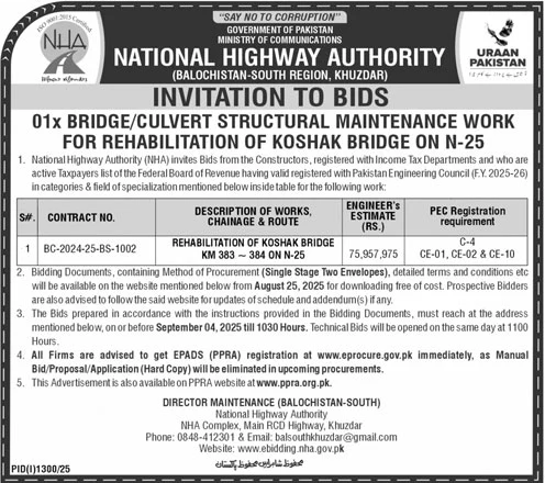 National Highway Authority Khuzdar Tender Notice